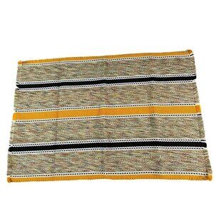 Hand Woven Throw Rug 36x24 Yellow Black‎ Stripe Chindi Rag Reversible Fringe